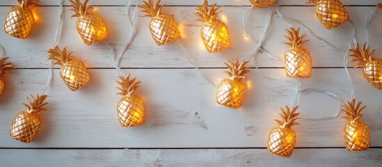 Rustic Christmas backdrop with golden pineapple string lights on a white wooden surface flat lay decoration with text space for festive themes