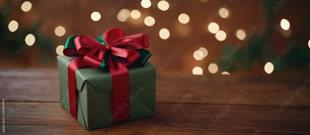 Poster christmas gift boxes wrapped in decorative paper with vibrant bows against a blurred festive lights 