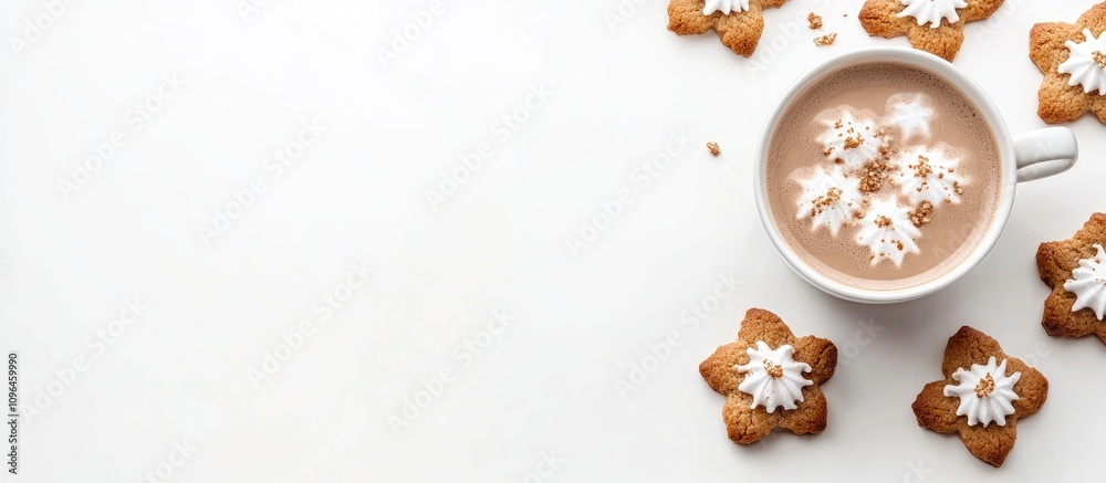 Poster cozy hot cocoa with decorative sugar glazed cookies on a white background for festive card design an