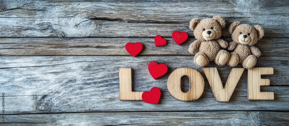 Poster teddy bears and wooden letters spelling love with red hearts on rustic wooden background concept of 