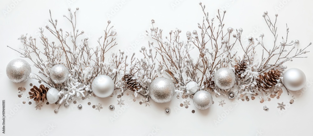 Poster silver and white festive decorations with pine cones and twigs arranged on a white background for a 