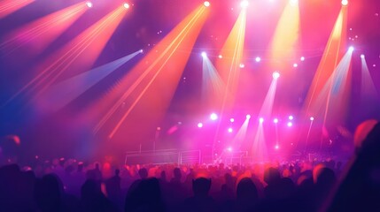 Bright stage lights shining over a live concert crowd