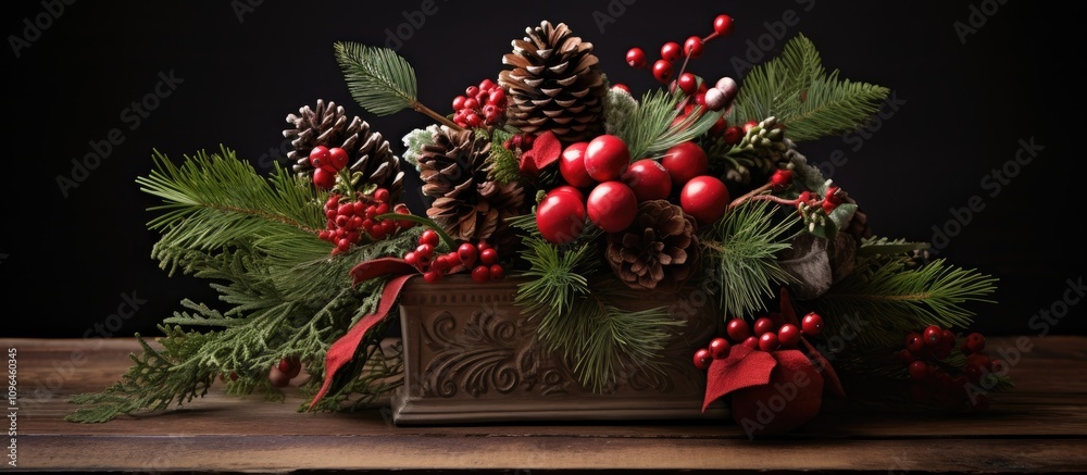 Poster christmas centerpiece with fir branches pine cones and red ornaments arranged elegantly on a rustic 