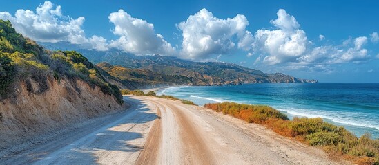 Obraz premium Scenic coastline drive in Big Sur showcasing ocean views mountains and vibrant skies during a picturesque road trip adventure