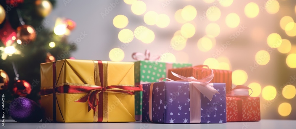 Poster colorful christmas presents with ribbons near a decorated tree and warm bokeh lights in the backgrou