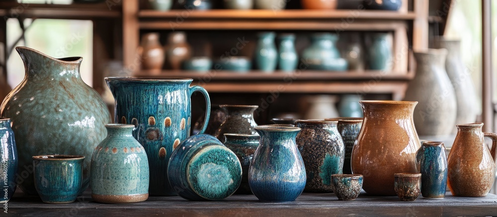 Poster colorful handcrafted pottery collection displayed on a rustic wooden shelf showcasing artisanal craf