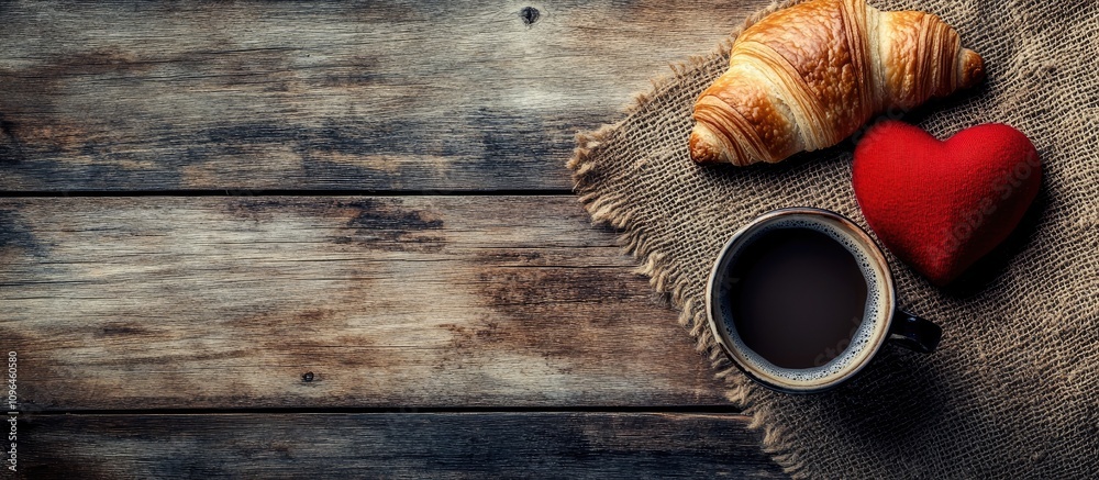 Poster croissant coffee and a red heart on a rustic wooden surface creating a warm inviting breakfast or sn