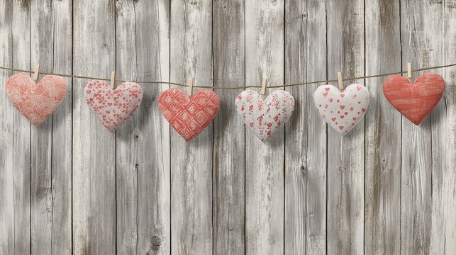 Rustic heart decorations on a string against weathered wooden background