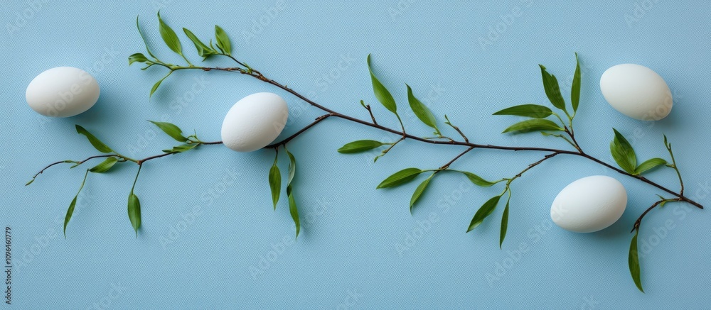 Poster Fresh eggshells and willow branches with green leaves arranged artistically on a soft blue background with ample copy space for design use