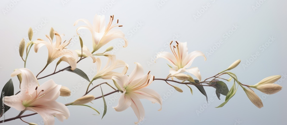 Poster delicate lily flowers and graceful plant branches in soft light creating a serene and elegant floral