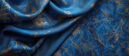 Vintage blue textile background with intricate gold floral patterns suitable for Christmas greeting cards and holiday designs.