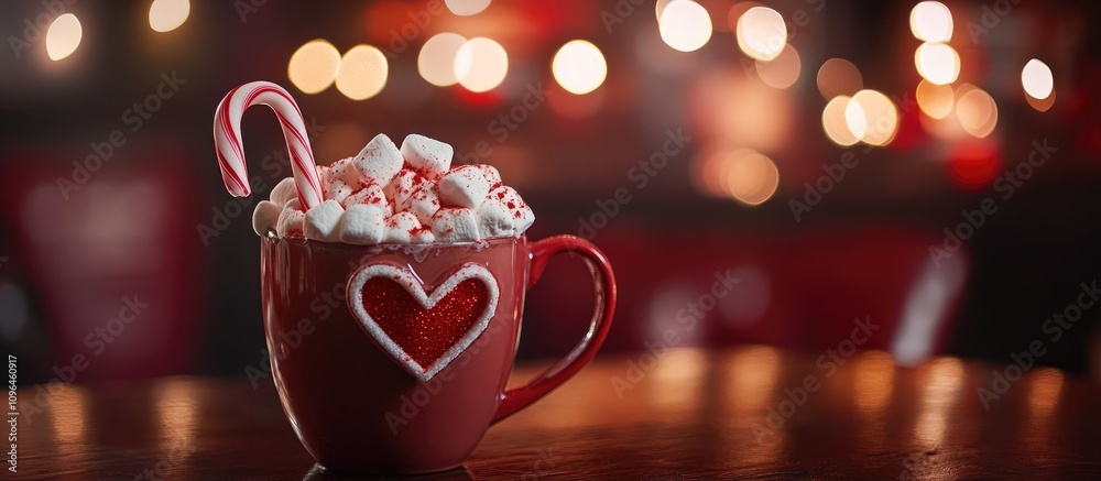 Aufkleber Heart-shaped hot cocoa with marshmallows and candy cane in festive setting with bokeh lights creating a warm holiday atmosphere