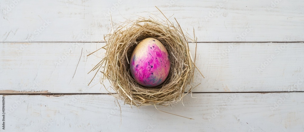 Poster handcrafted colorful easter egg nestled in a straw nest on a rustic white wooden surface for festive