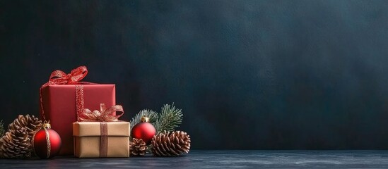 Christmas decor featuring gift boxes, ornaments, and pine cones on a dark background for a festive greeting card design.