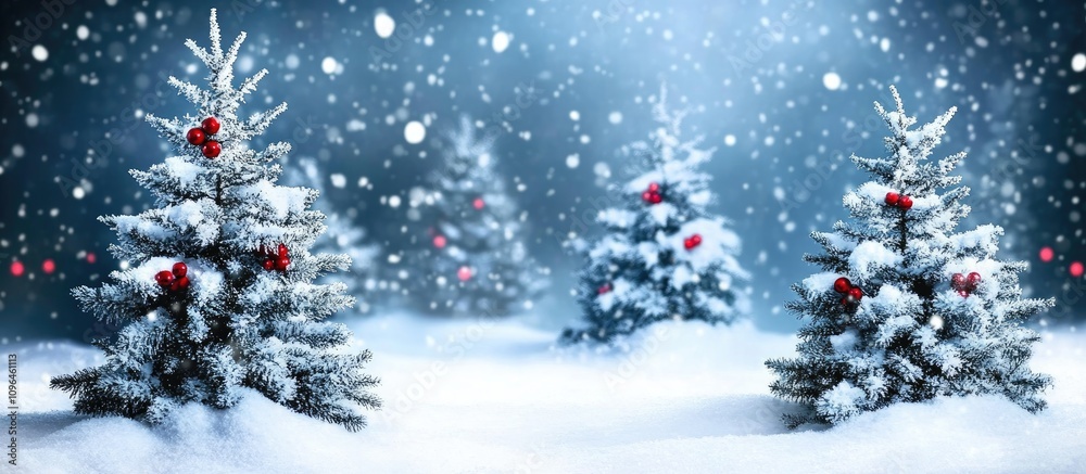 Poster Snowy fir trees adorned with red berries in a serene winter landscape with falling snowflakes, creating a festive atmosphere.