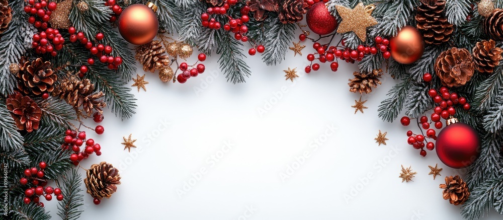 Poster christmas border frame with tree branches and festive decor featuring red and golden ornaments berri