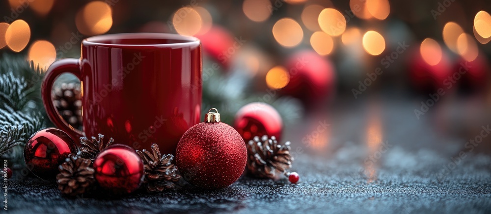 Poster red mug and christmas ornaments on a dark background with bokeh lights creating a festive holiday at