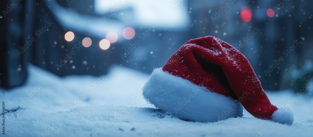 Poster santa hat resting in fresh snow surrounded by a wintery landscape with soft bokeh lights creating a 