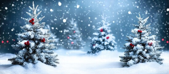 Obraz premium Snowy fir trees adorned with red berries in a serene winter landscape with falling snowflakes, creating a festive atmosphere.