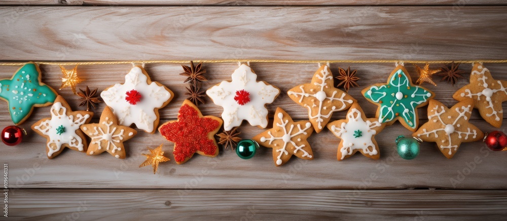 Poster festive christmas cookies with colorful icing and tinsel displayed on a rustic light wooden surface 