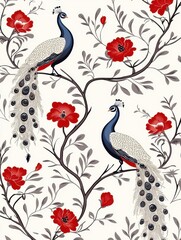Obraz premium Elegant peacock pattern adorned with vibrant red flowers on a soft background, perfect for textiles and wallpapers.