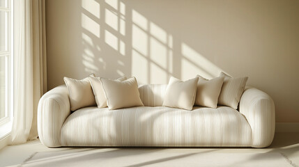  striped sofa in a minimalist living room, soft lighting, neutral tones, modern design, cozy and stylish atmosphere, high-quality detail