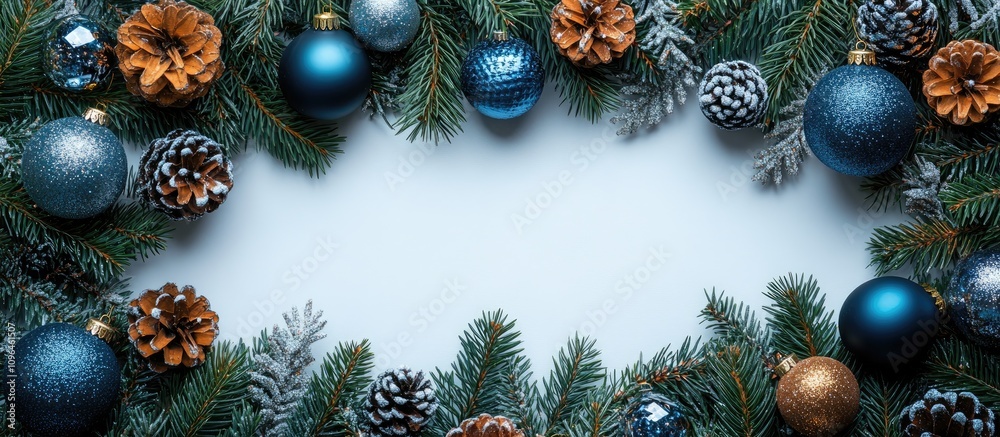 Poster christmas border with green fir branches blue and silver ornaments pine cones on white backdrop flat