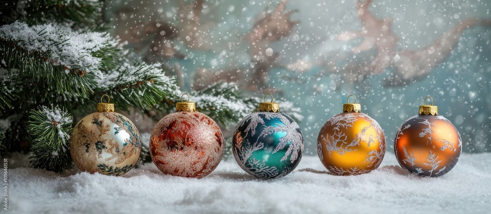 Poster christmas card design with decorative baubles and snowy backdrop featuring a festive tree atmosphere