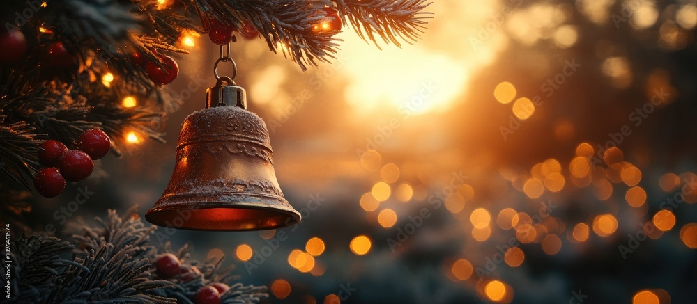 Poster rustic christmas bell hanging on a decorated evergreen tree with soft glowing lights and a warm suns