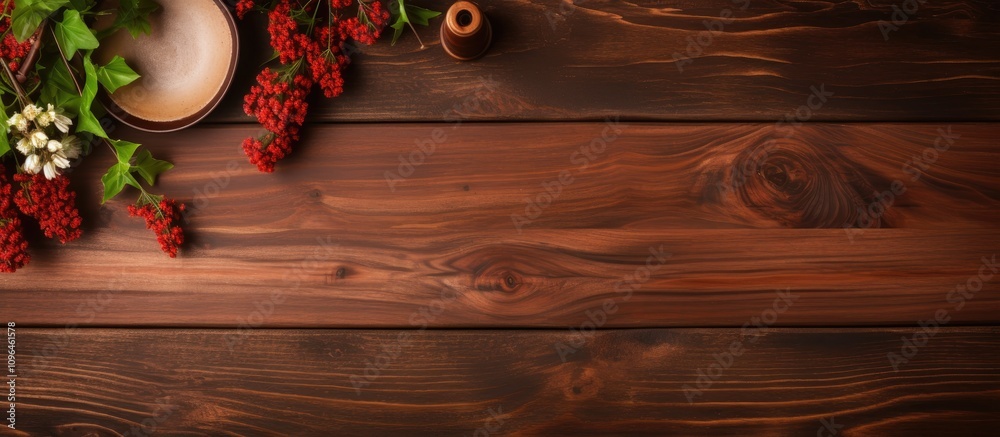 Poster Overhead view of rustic wooden table with decorative flowers and empty space for text or branding in a cozy setting