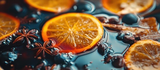 Close up of aromatic spiced mulled wine with citrus slices and spices creating a cozy holiday beverage scene