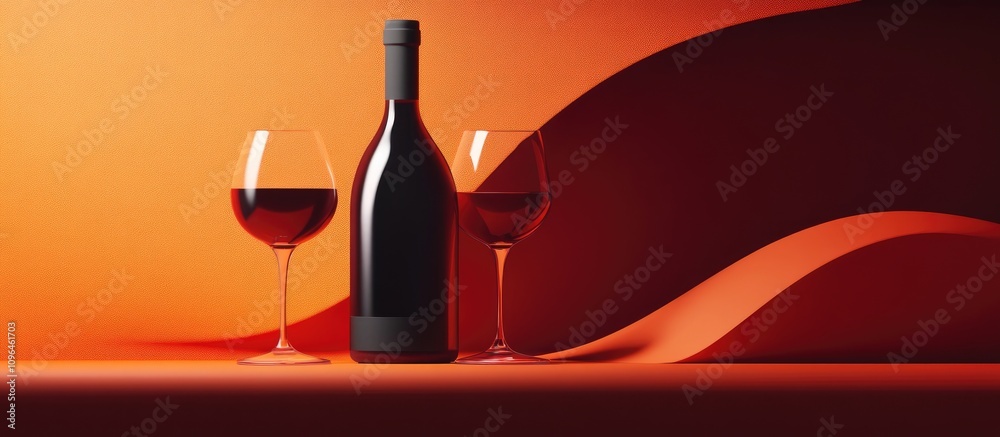 Poster elegant still life of a wine bottle and two glasses on a vibrant red background with smooth flowing 