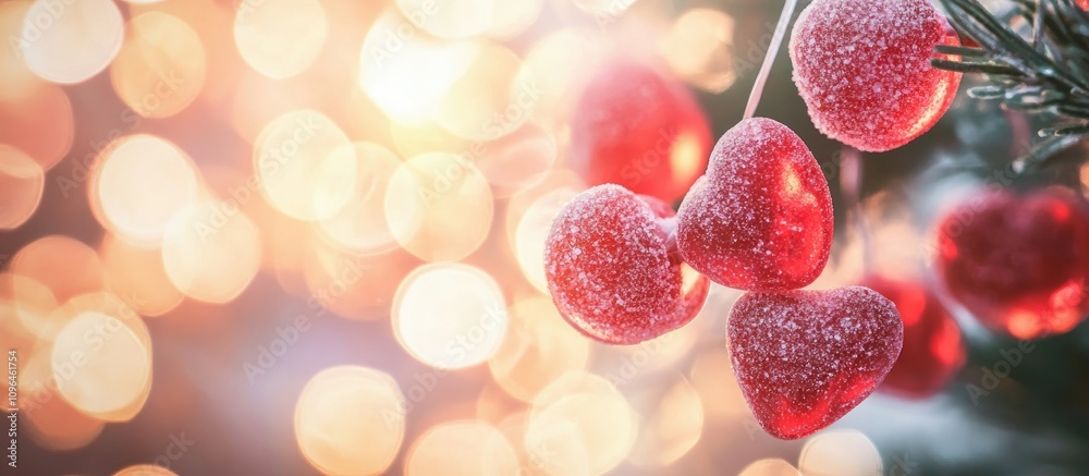Aufkleber red heart-shaped candy ornaments on a christmas tree with a dreamy bokeh background creating a festi