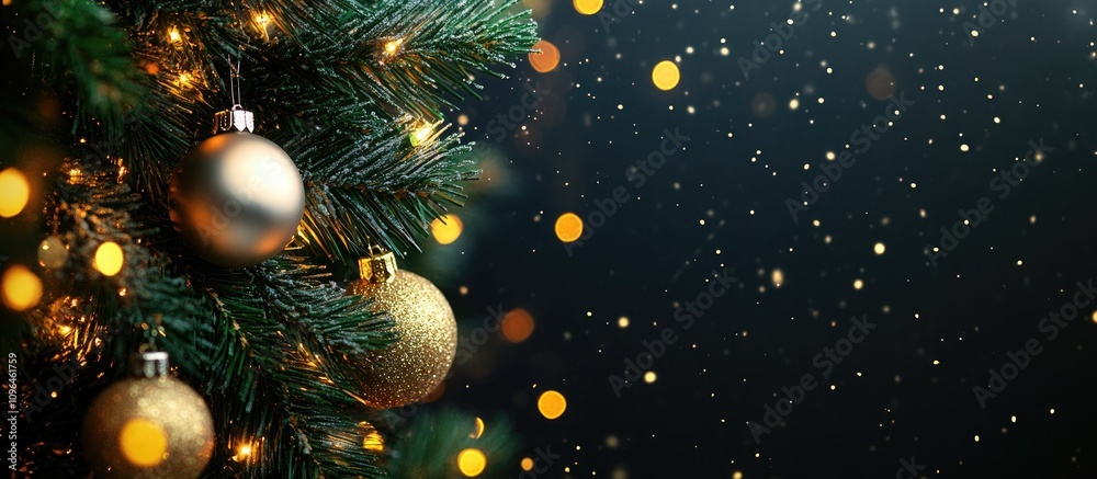 Fototapete Christmas tree branches adorned with ornaments and sparkling lights set against a dark background with a soft bokeh effect.
