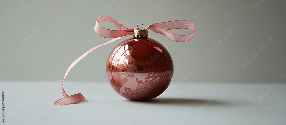 Poster elegant christmas ornament with intricate design and soft pink ribbon suspended on a light backgroun