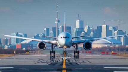 Boeing 787 Dreamliner taking off against the Toronto skyline.