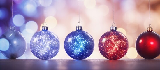 Colorful Christmas baubles with sparkling bokeh background showcasing shiny ornaments in festive atmosphere for holiday celebrations.