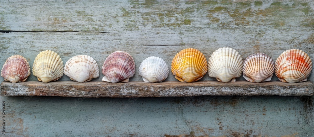 Poster colorful seashells arranged on rustic wooden surface creating a minimalist coastal summer aesthetic 