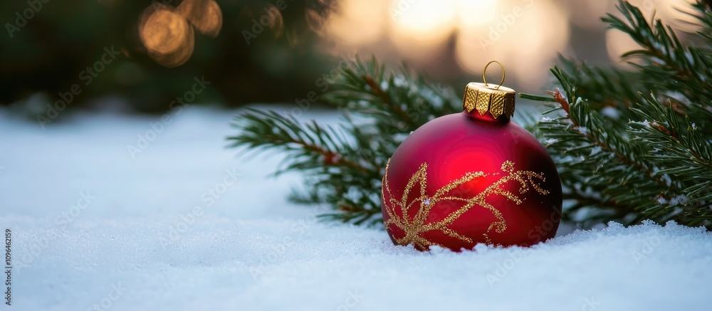 Poster christmas ornaments on a snowy landscape with pine branches creating a festive atmosphere and ample 