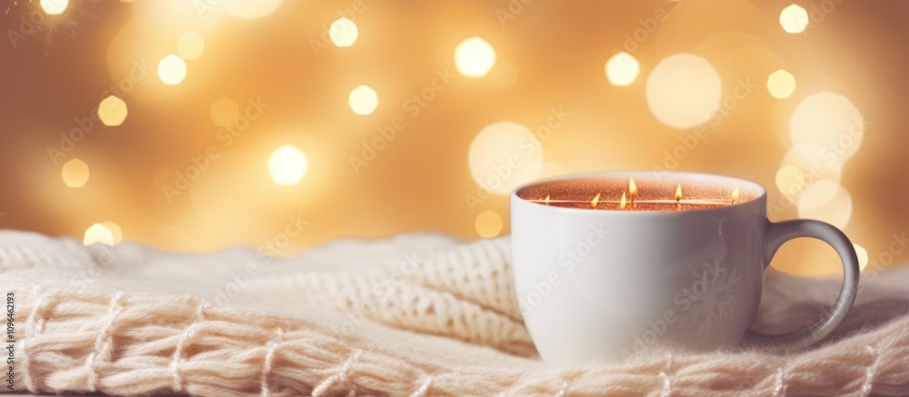Poster Cozy Christmas scene with a warm cup on soft knitted fabric against a soft bokeh backdrop creating a festive atmosphere