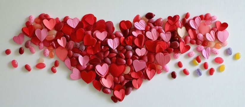 Colorful heart-shaped embellishments in red and pink paper mixed with jelly beans and gummies arranged in a heart shape on a white background