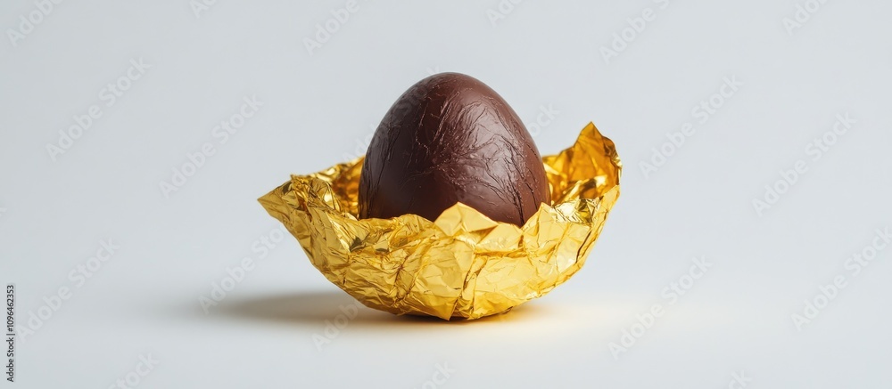 Poster chocolate egg wrapped in vibrant gold foil resting elegantly on a clean white backdrop highlighting 