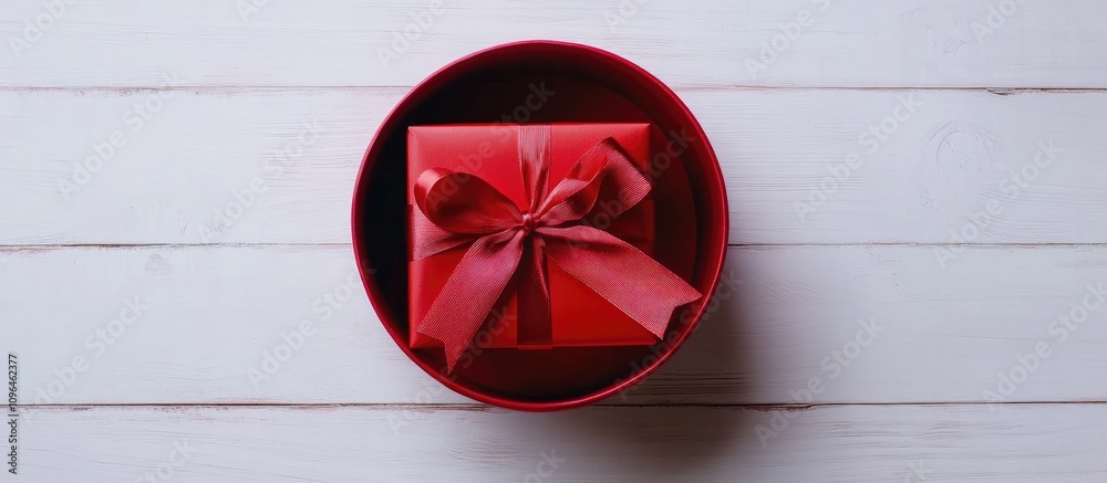Poster christmas gift box in red container on white wooden surface with festive bokeh lights creating a war