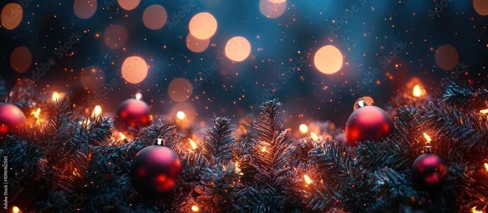 Aufkleber festive christmas background with bokeh lights and snowflakes on evergreen branches adorned with red