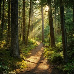 Obraz premium Sunlit forest path, mossy trees, peaceful scene.