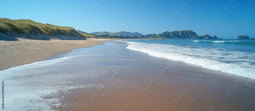 Aufkleber serene sandy beach under a vibrant blue sky with gentle waves lapping at the shore and distant hills