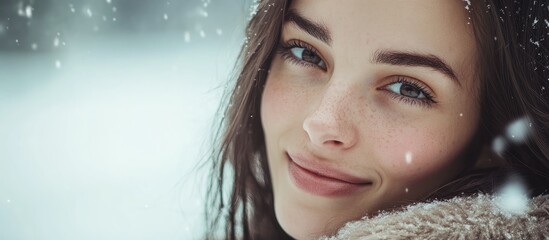 Portrait of a smiling brunette woman with fresh skin in a winter setting surrounded by snowflakes showcasing natural beauty and radiance