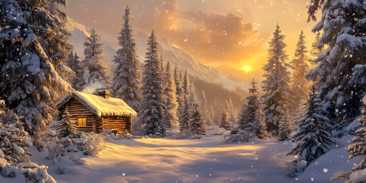 Cozy log cabin in a snowy forest at sunset