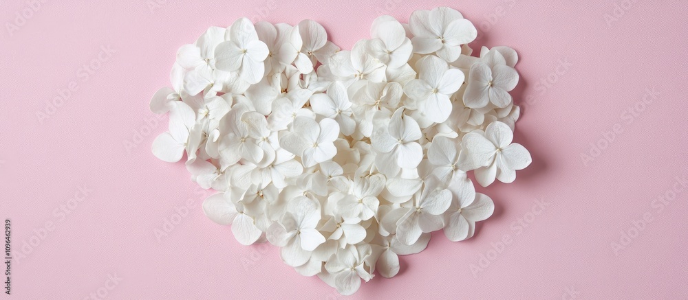 Poster White lilac flower petals arranged in a heart shape on a pastel pink background creating a minimalistic and elegant design for cards and text