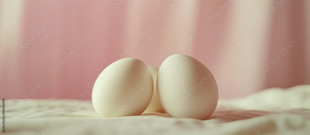 Aufkleber Elegant white Easter eggs resting on soft fabric with a subtle pastel background creating a serene and festive atmosphere.